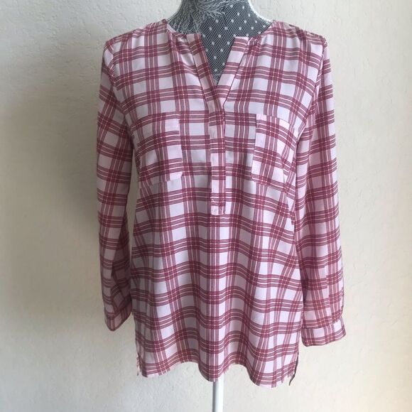 Joie Women’s Size Small Checkered Long Sleeve V Neck Double Pocket Blouse - Picture 2 of 6